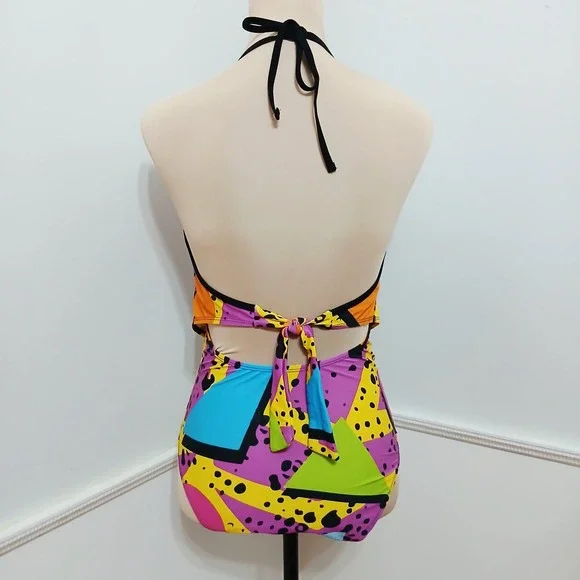 Retro 90s Neon Geometric Animal Print One Piece Halter Swimsuit Mesh Trim NWOT - Picture 4 of 6